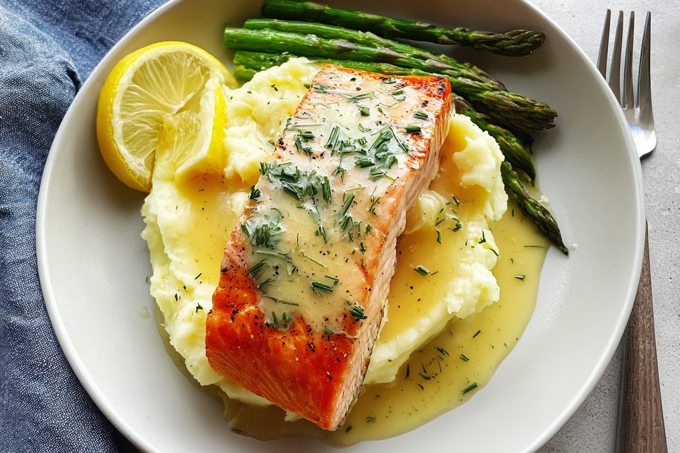 Garlic Herb Buttery Mash Salmon Lemon Butter Sauce