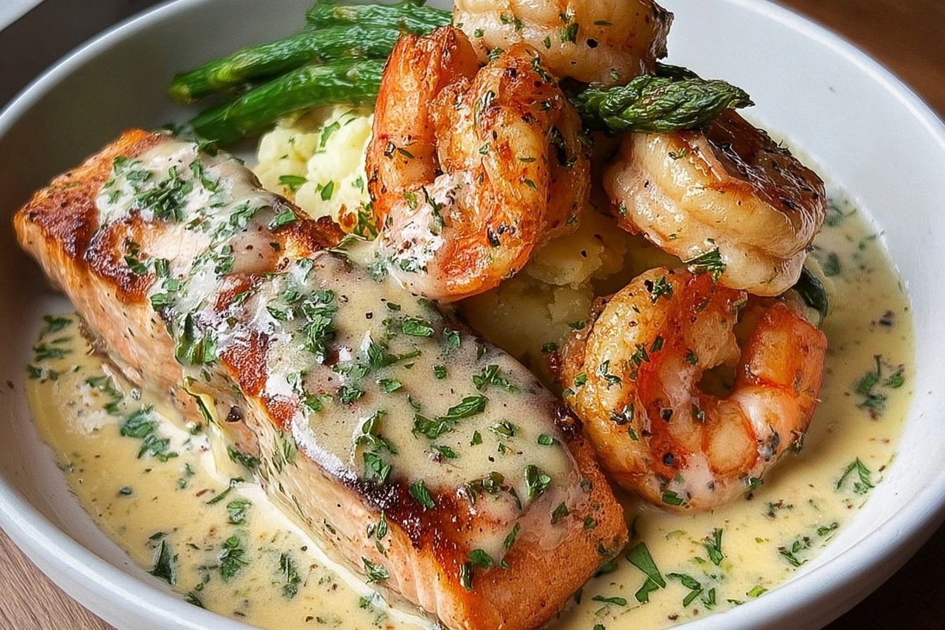 Cajun Shrimp And Salmon With Garlic Cream Sauce