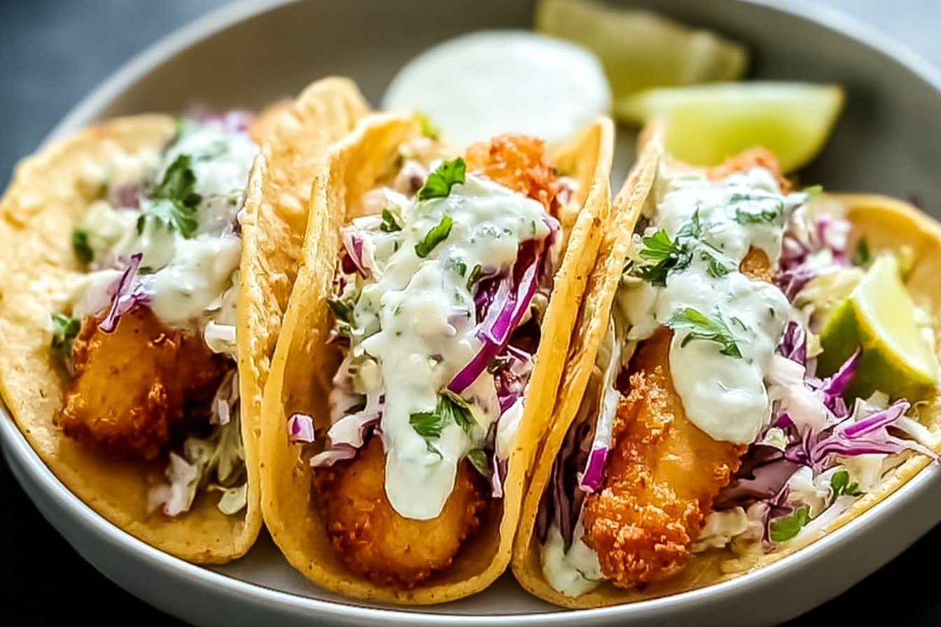Crispy Baja Style Beer Battered Fish Tacos