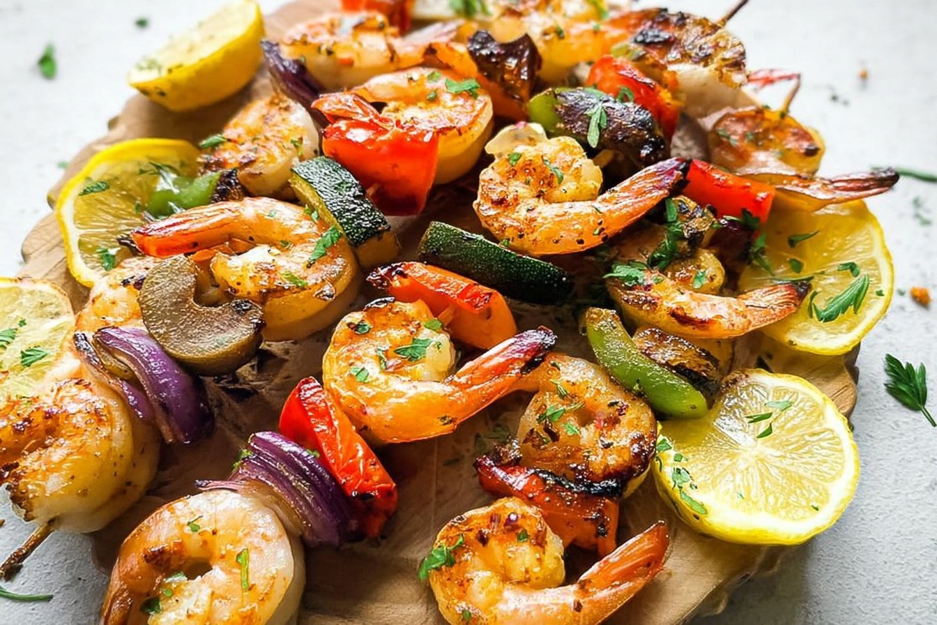 Grilled Lemon Shrimp Skewers With Vegetables