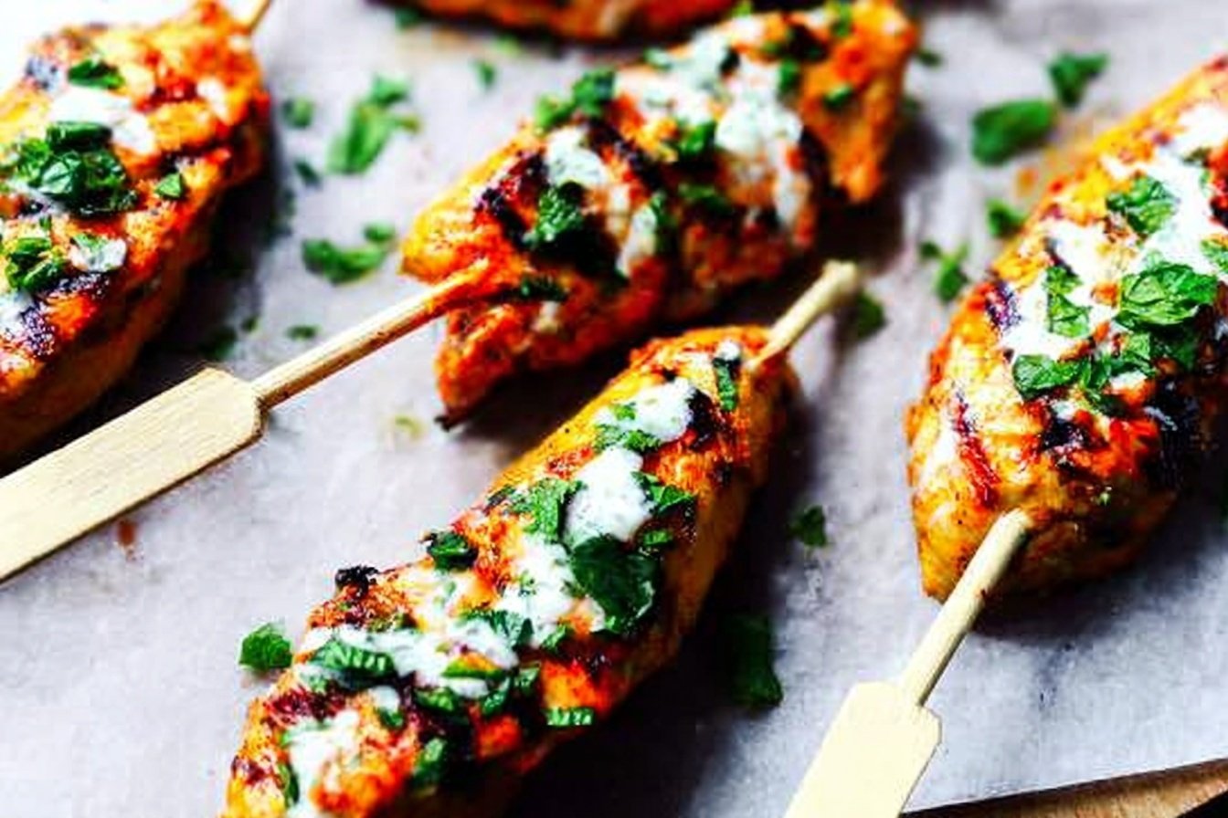 Honey Harrisa Chicken Skewers With Garlic Mint Sauce