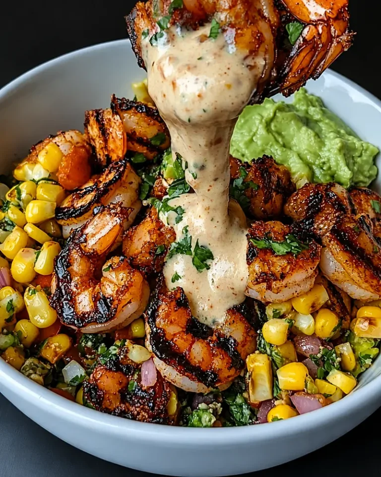 Grilled Shrimp Bowl With Avocado, Corn Salsa & Creamy Sauce