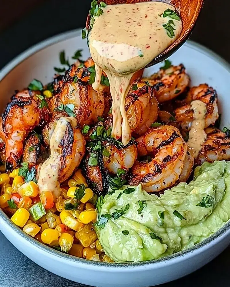 Ingredients for this Grilled Shrimp Bowl with Avocado, Corn Salsa & Creamy Sauce