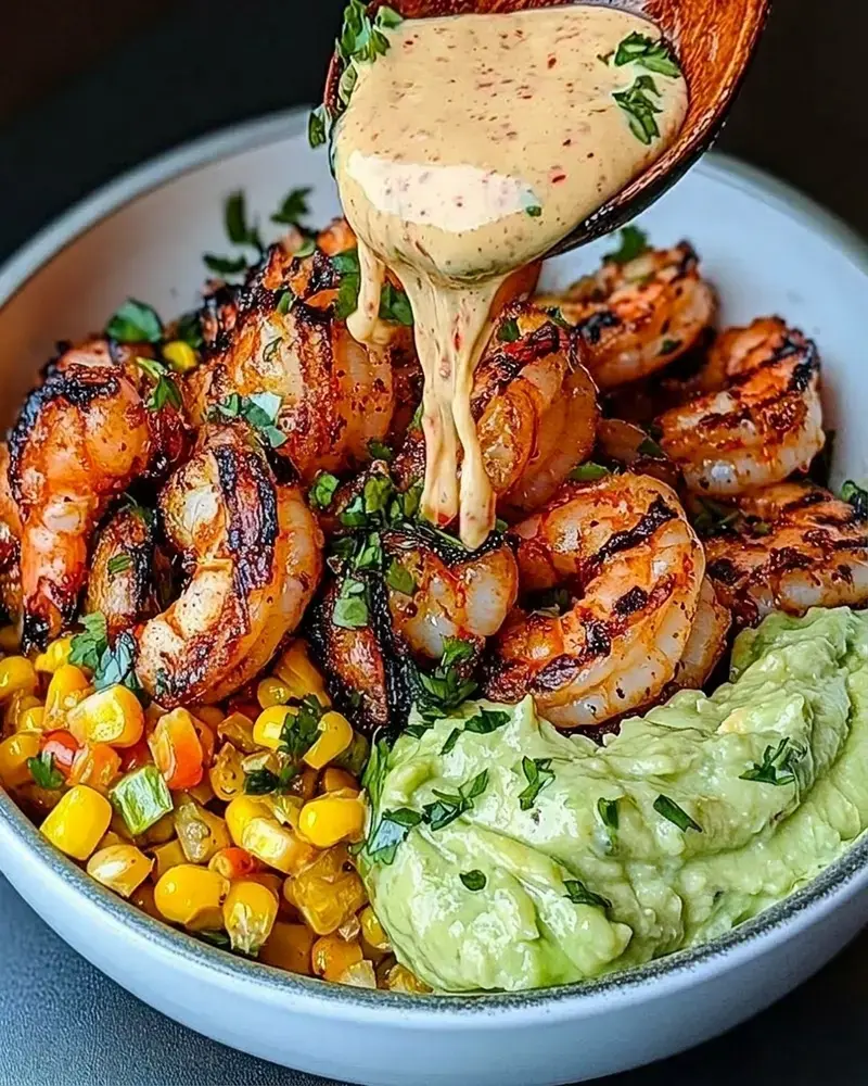 Ingredients for this Grilled Shrimp Bowl with Avocado, Corn Salsa & Creamy Sauce