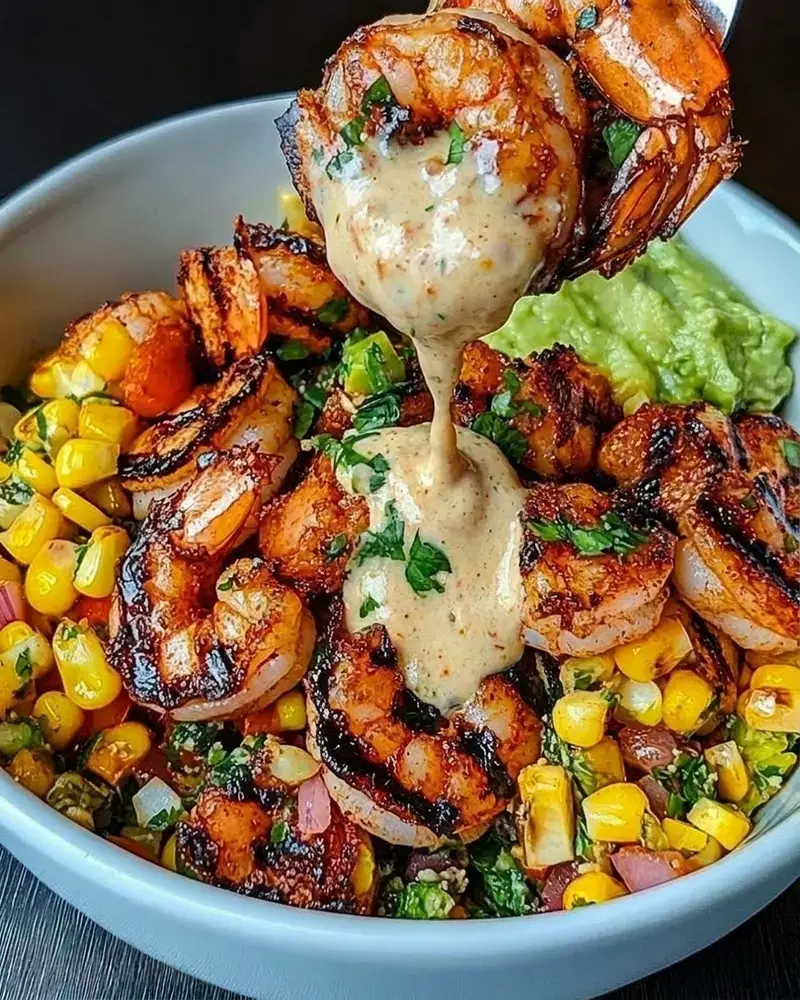 Why You'll Love This Grilled Shrimp Bowl with Avocado, Corn Salsa & Creamy Sauce