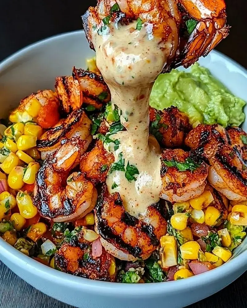 Why You'll Love This Grilled Shrimp Bowl with Avocado, Corn Salsa & Creamy Sauce