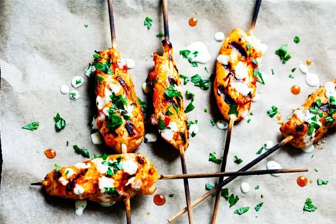 Honey Harrisa Chicken Skewers with Garlic Mint Sauce