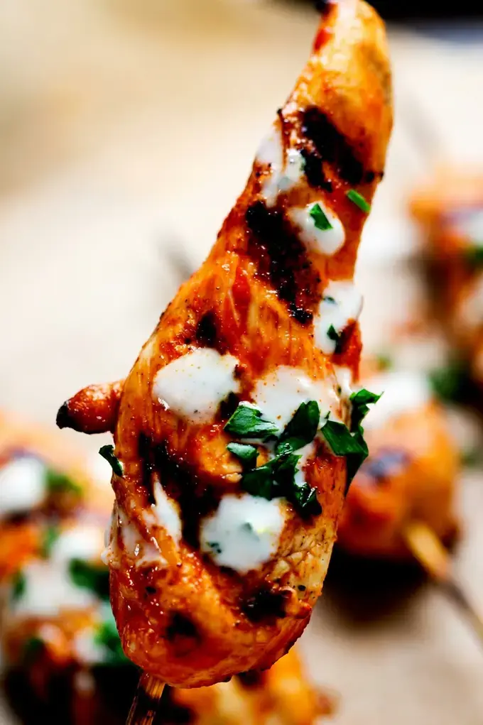 Honey Harrisa Chicken Skewers with Garlic Mint Sauce