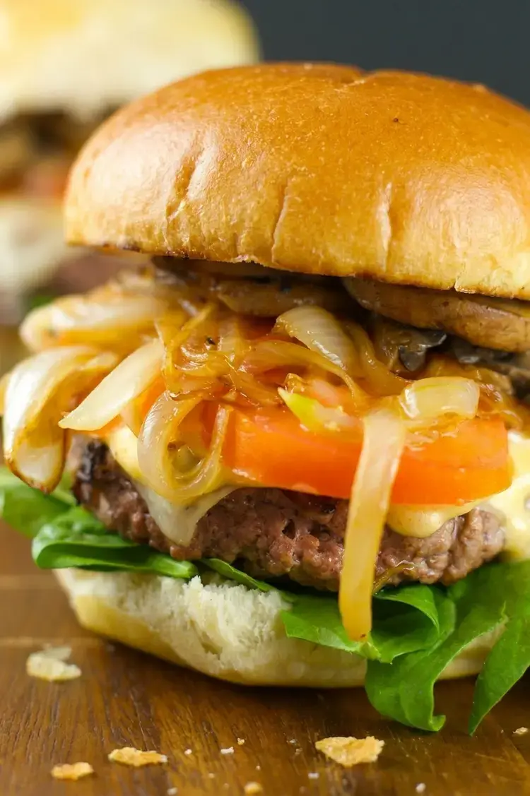Burger With Caramelized Onions And Mushrooms