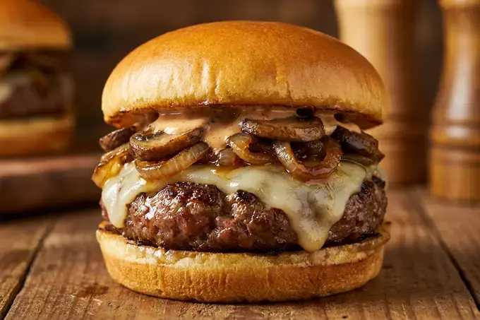 Burger With Caramelized Onions And Mushrooms