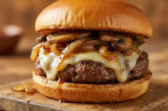 Burger With Caramelized Onions And Mushrooms