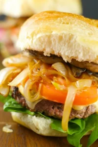 Burger With Caramelized Onions And Mushrooms