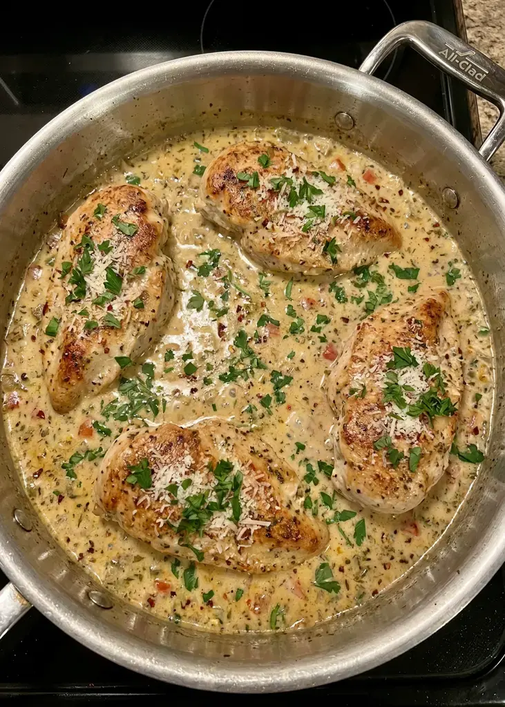 Chicken Pasta In Creamy White Wine Parmesan Cheese Sauce 12 5. Combine and Finish