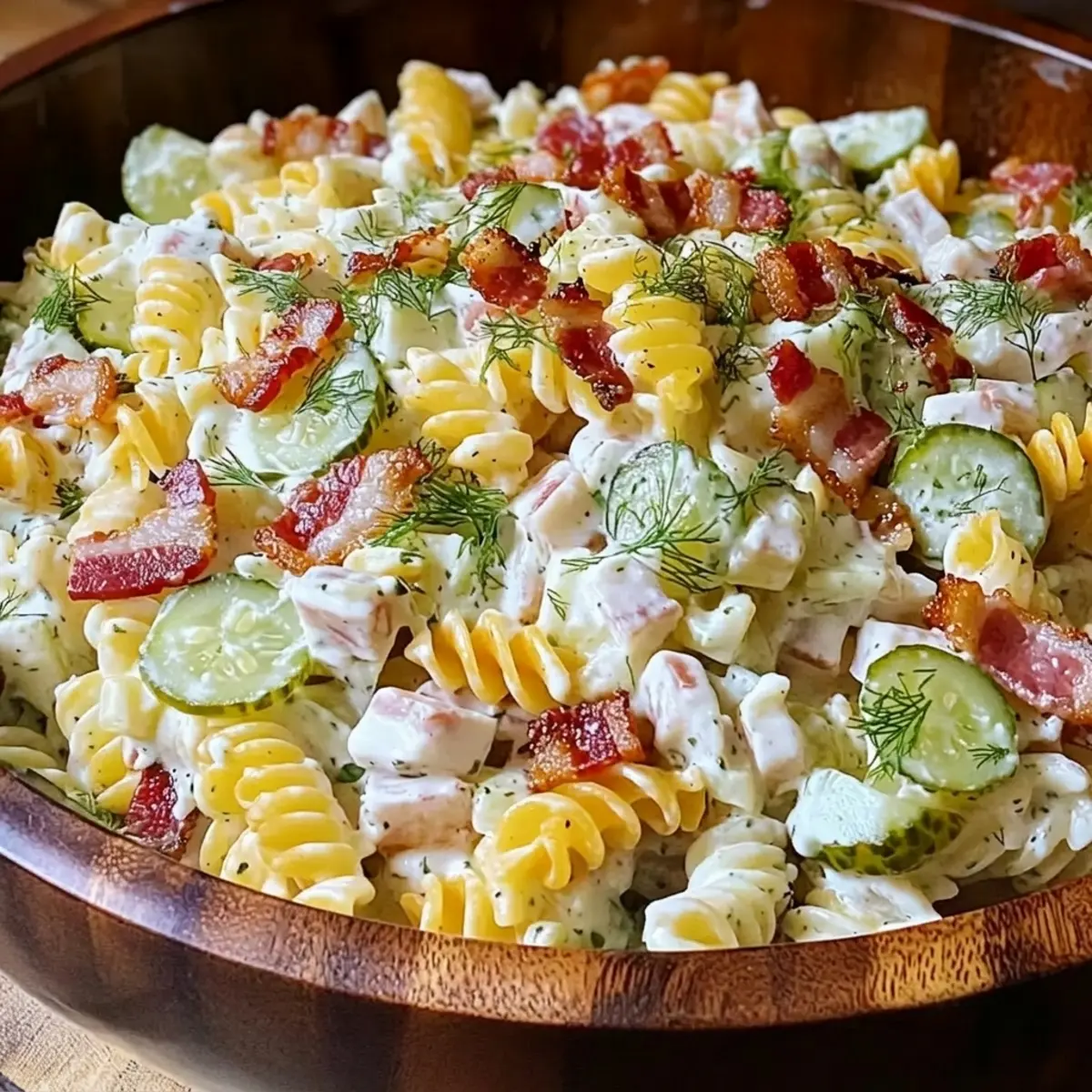 Creamy Dill Pickle Bacon Ranch Pasta Salad