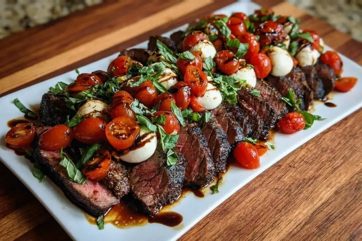 Grilled Balsamic Steak Caprese with Mozzarella, Tomatoes, and Basil
