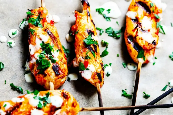 Honey Harrisa Chicken Skewers With Garlic Mint Sauce