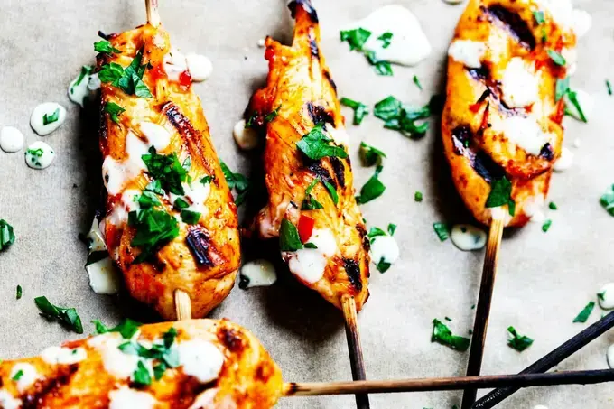 Honey Harrisa Chicken Skewers with Garlic Mint Sauce