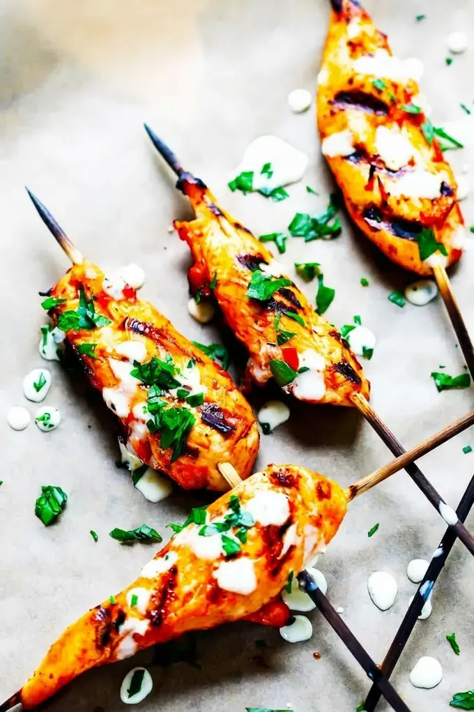 Honey Harrisa Chicken Skewers with Garlic Mint Sauce