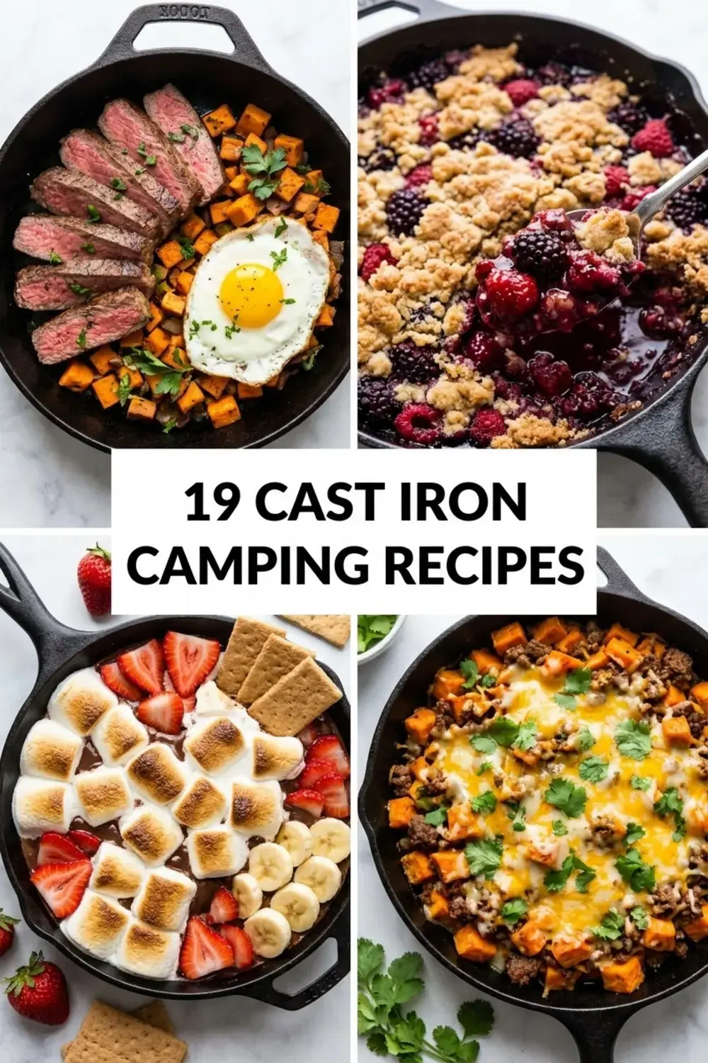 Cast iron skillet cooking a camping meal over a fire