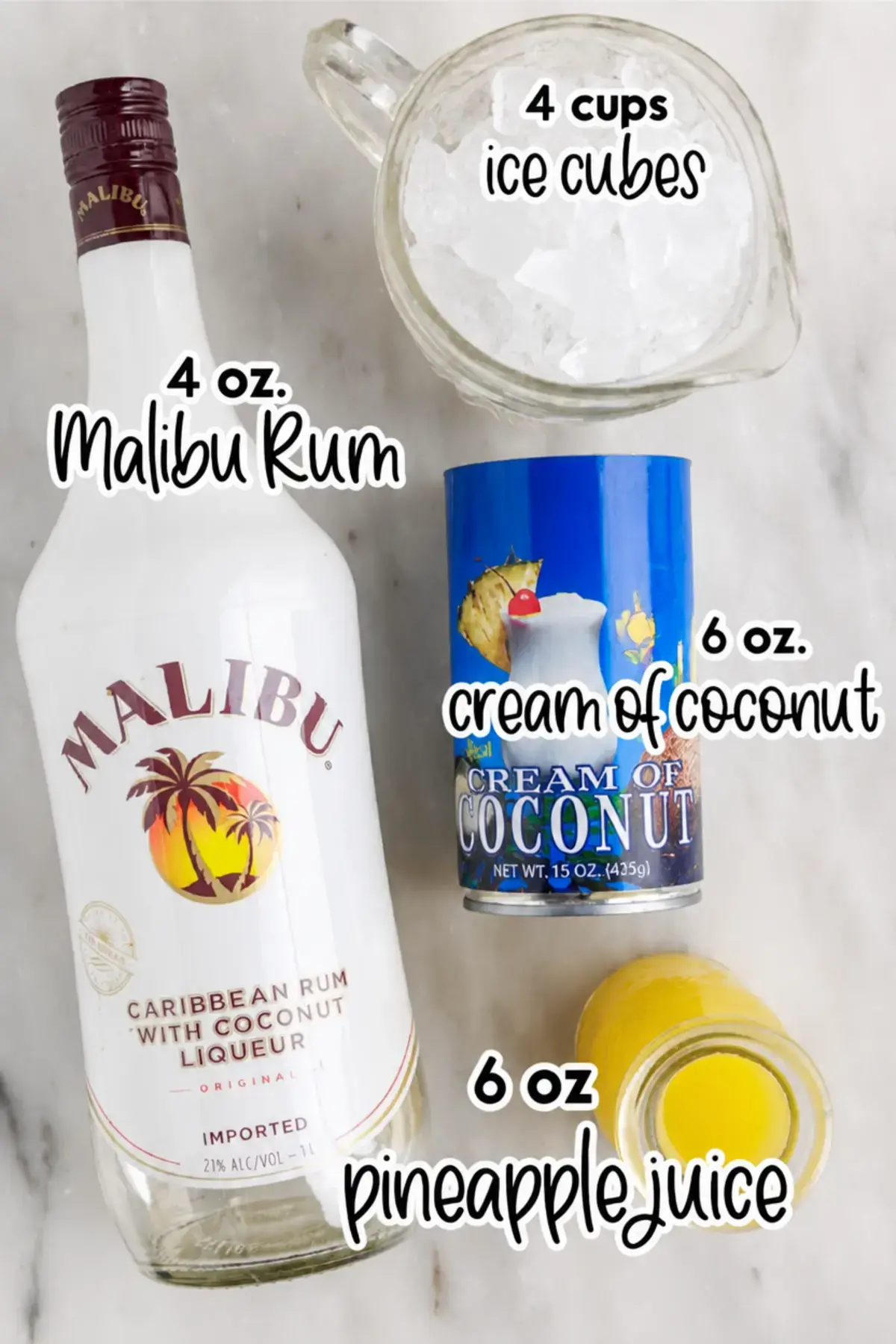 Cream of coconut, pineapple juice, coconut rum, and ice