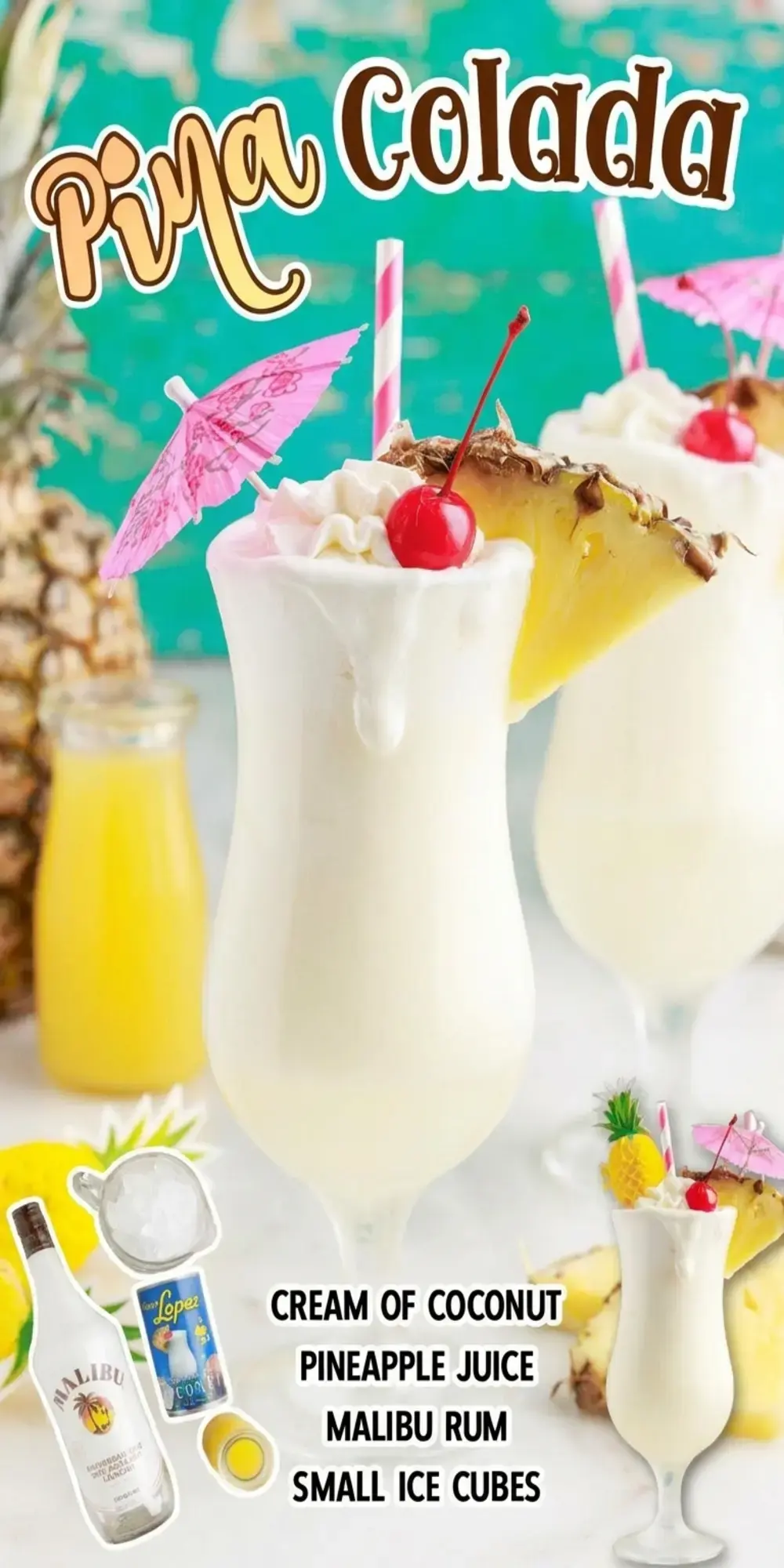 Frozen pina colada poured into chilled glasses