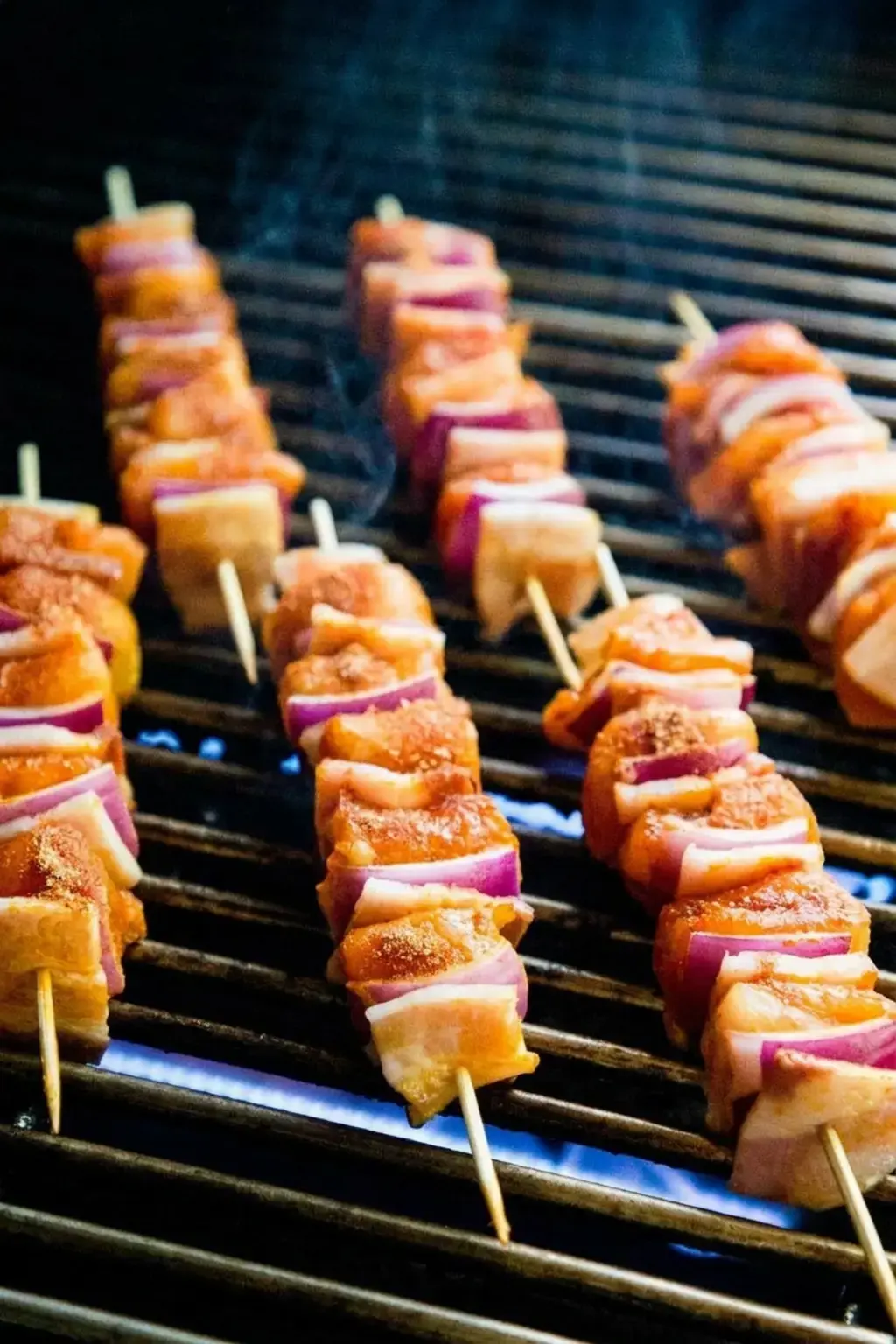 Bacon Bourbon Barbecued Chicken Skewers 4 Chicken chunks coated with olive oil and spice rub