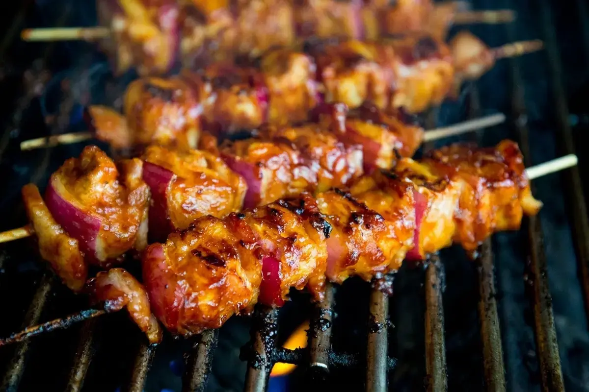 Bacon Bourbon Barbecued Chicken Skewers 5 Bacon chicken and red onion threaded onto skewers
