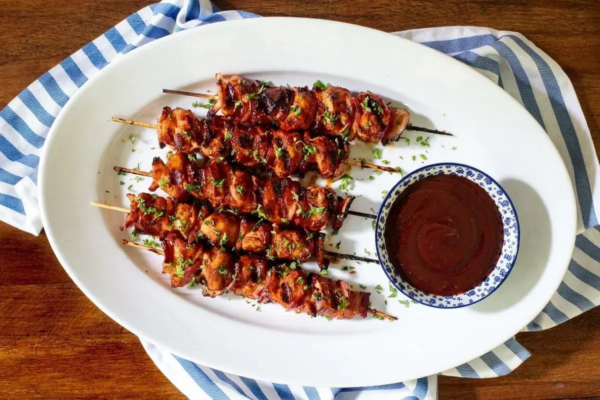 Bacon Bourbon Barbecued Chicken Skewers 7 Prepared bacon bourbon chicken skewers ready for cooking