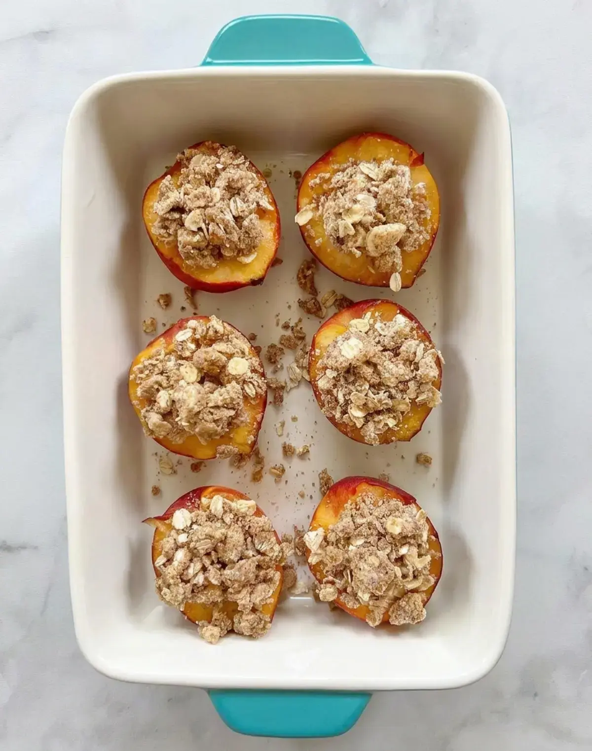 Baked Peaches with Oat Crumble Topping 14 Baked Peaches, Step 2: Add oatmeal crumble topping