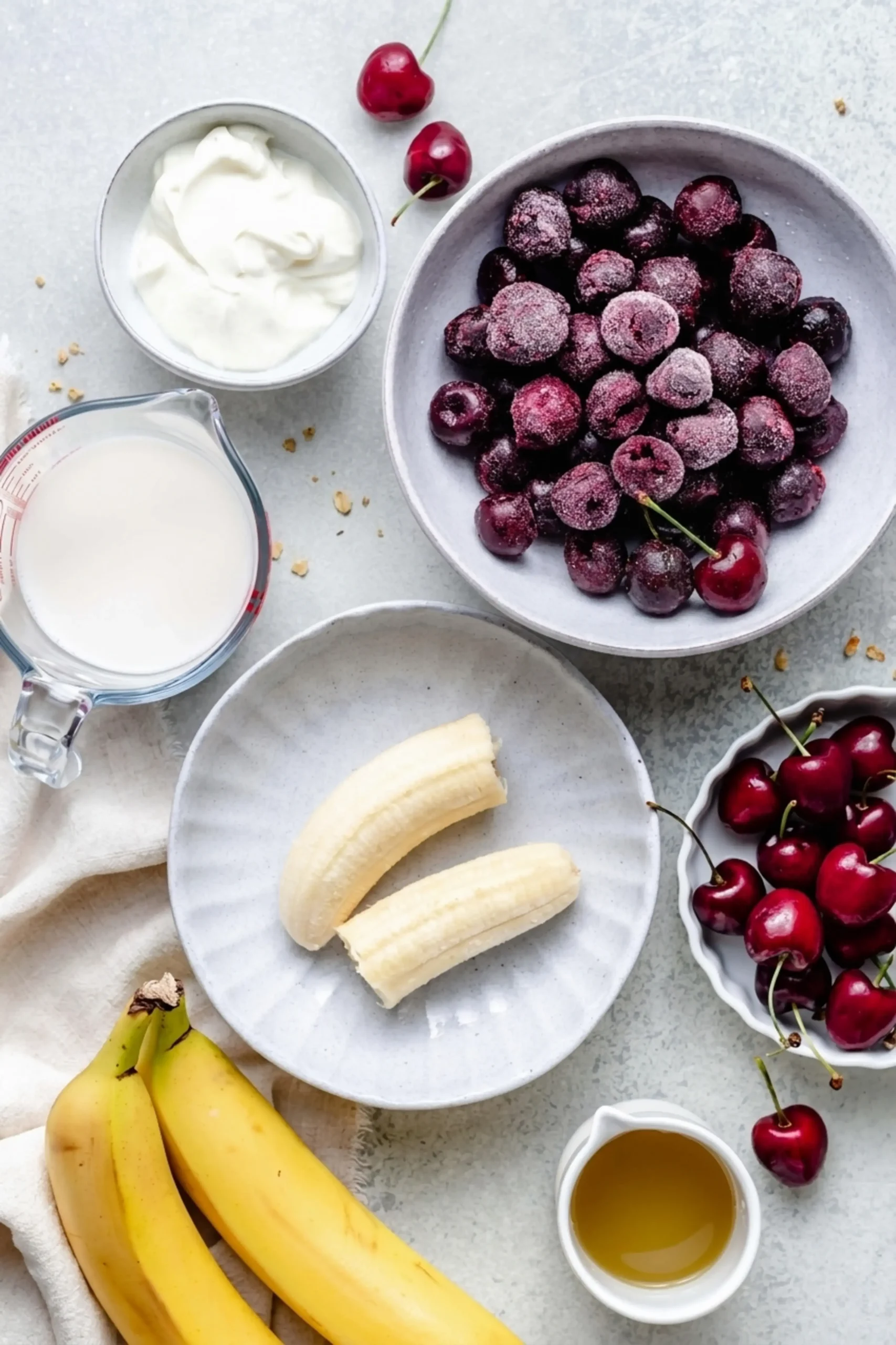 Ingredients for a banana cherry smoothie