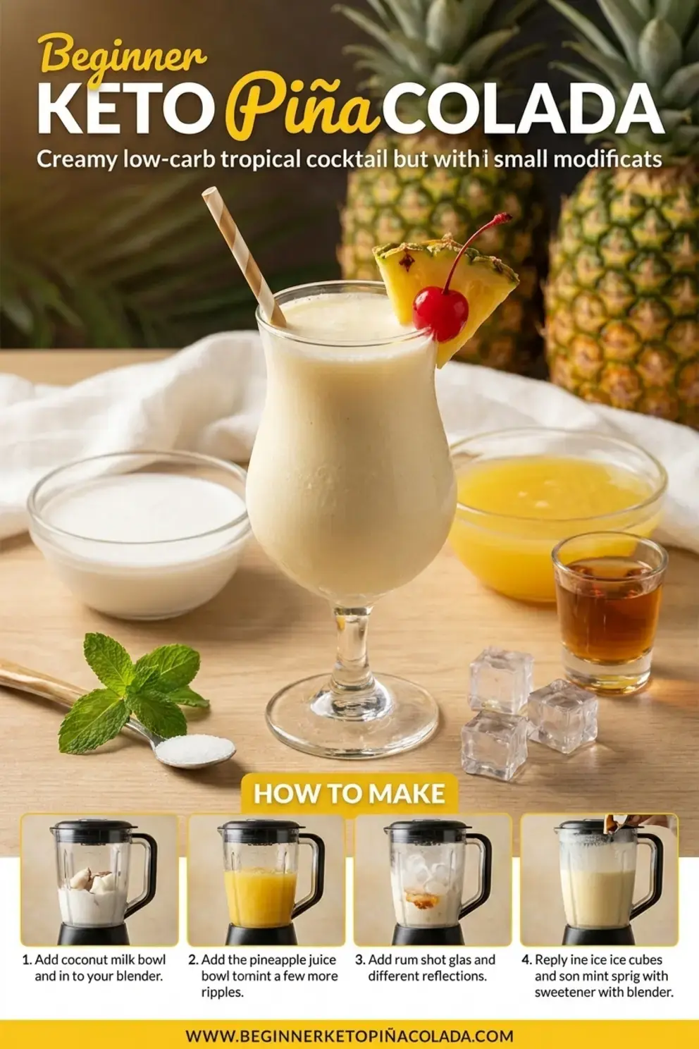 Ingredients for a low-carb coconut pineapple cocktail