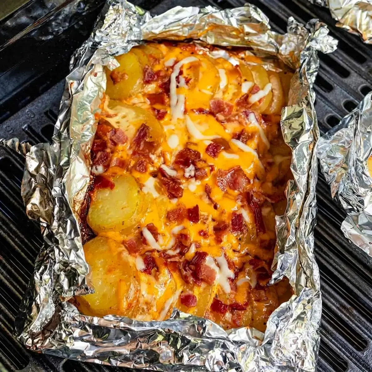 Cheesy campfire potatoes with bacon in a foil packet