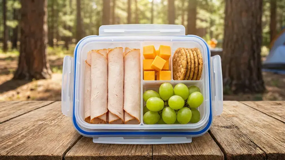 Homemade camping lunch box with cheese crackers and deli meat