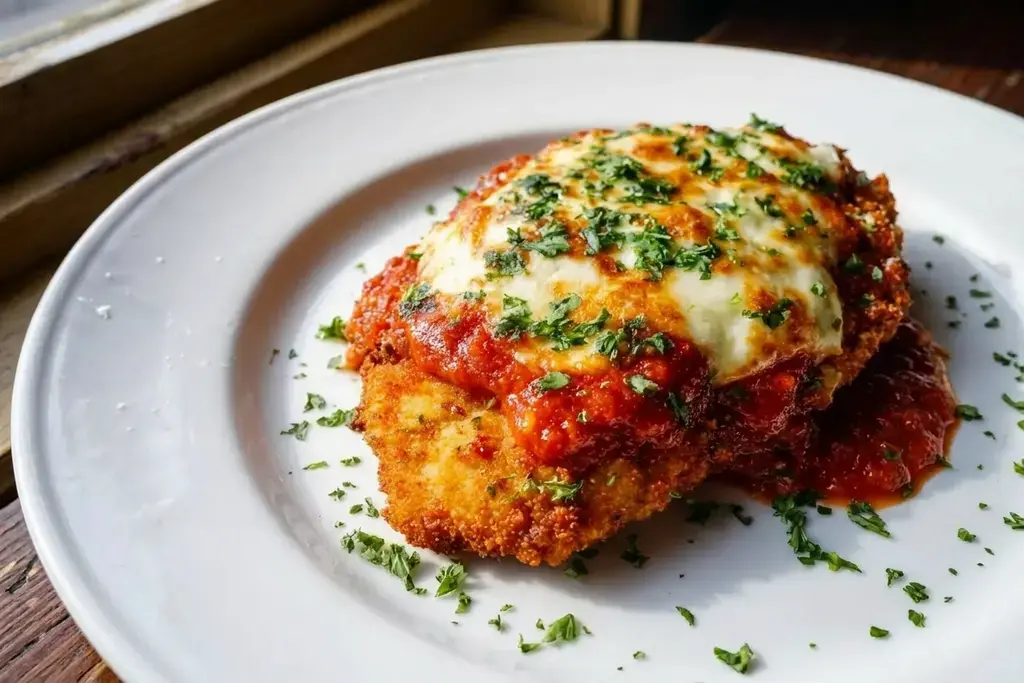 Chicken Parmesan 7: Crispy Cutlets With Marinara 6 Chicken Parmesan 7 with golden breading and marinara