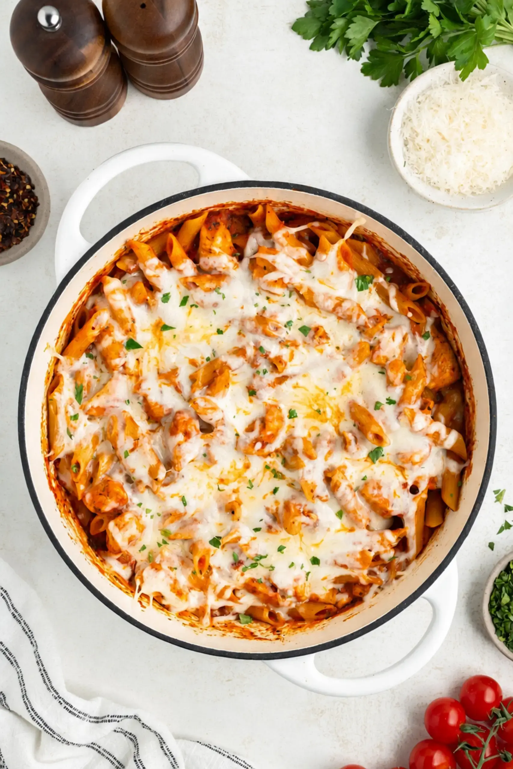 Chicken Parmesan Pasta Skillet: Easy 20-Minute Dinner 10 Al dente penne coated with marinara in the skillet