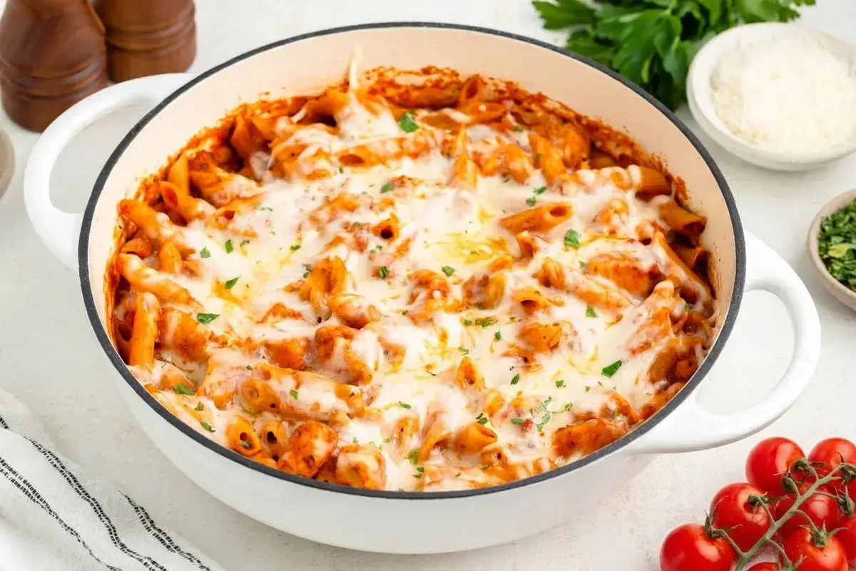 Chicken Parmesan Pasta Skillet: Easy 20-Minute Dinner 12 Tender cooked chicken pieces in marinara sauce