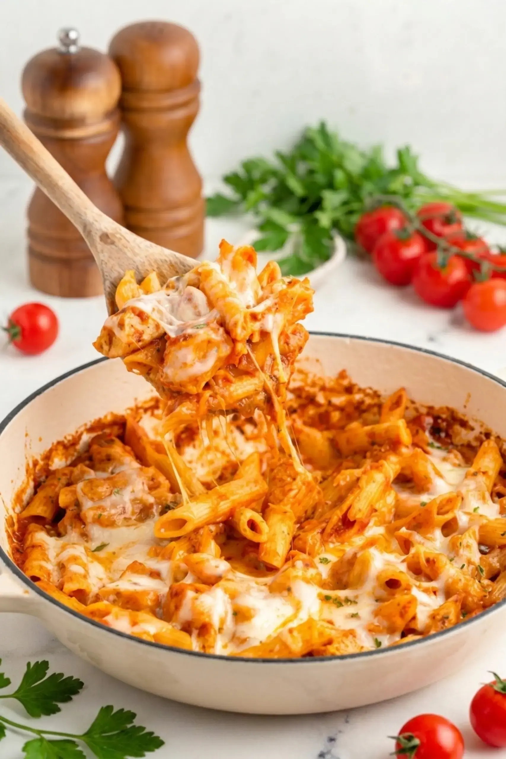 Chicken Parmesan Pasta Skillet: Easy 20-Minute Dinner 1 Chicken Parmesan Pasta Skillet with marinara and melted cheese