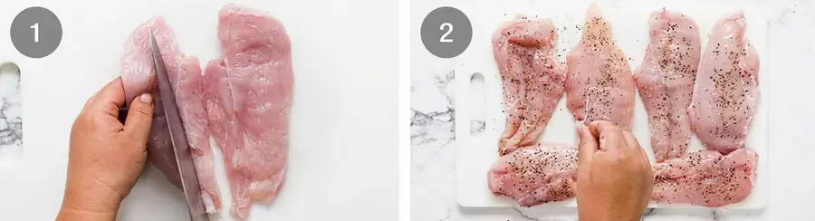 Chicken breasts sliced horizontally into thin pieces