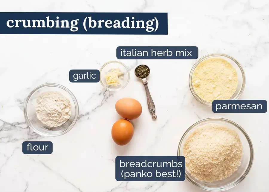 Flour egg dredge and panko Parmesan breading stations