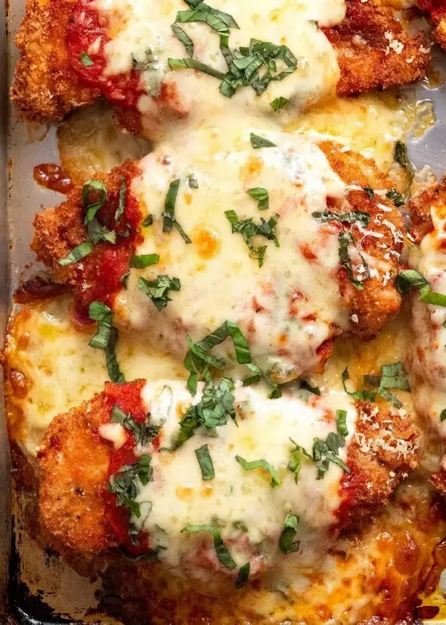 Chicken Parmigiana topped with mozzarella and Parmesan