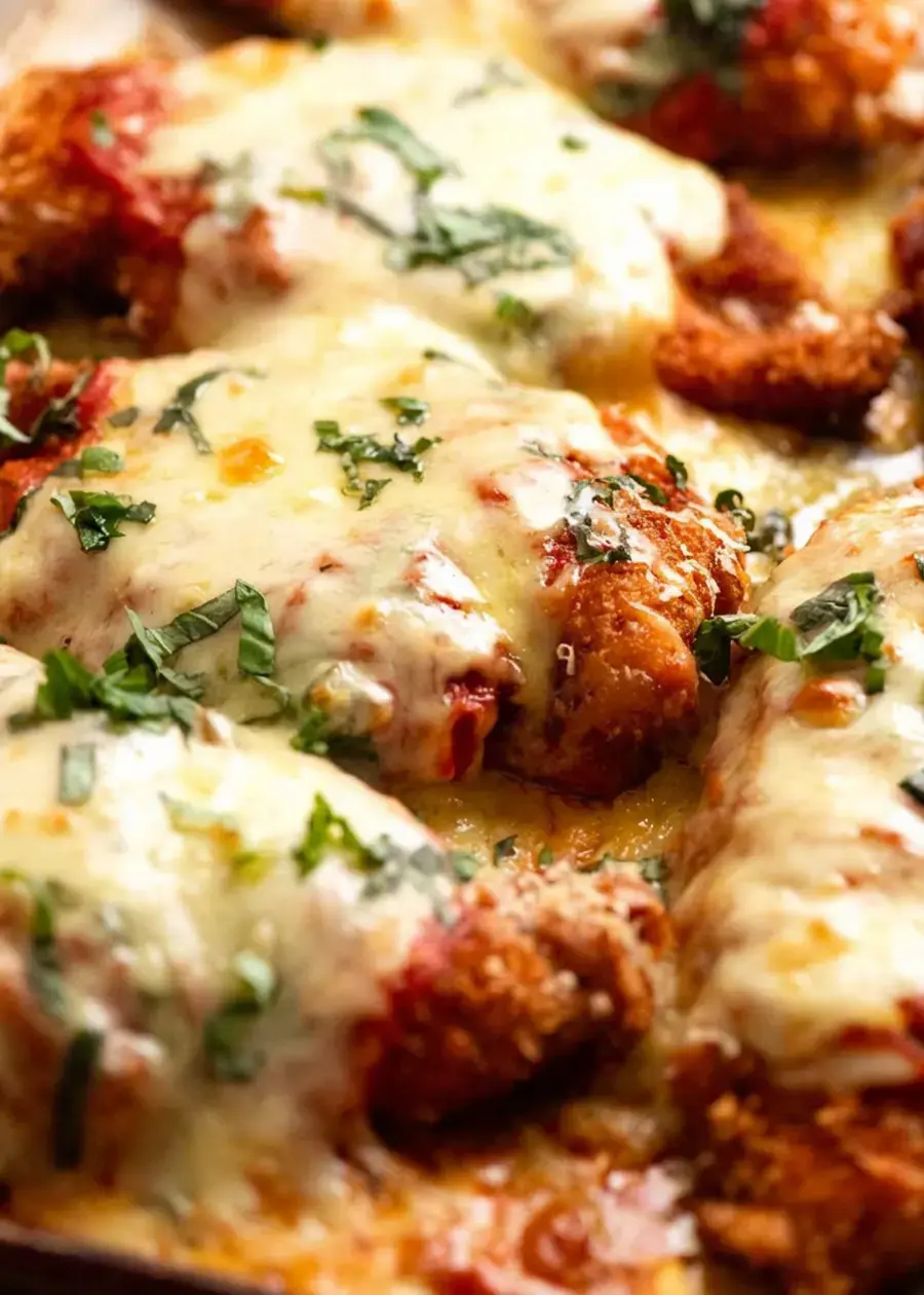 Crispy Chicken Parmigiana with tomato sauce and cheese