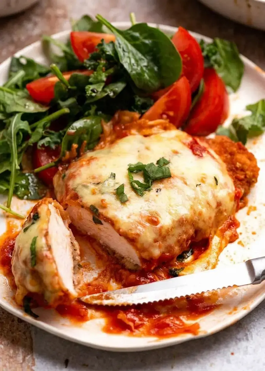 Chicken Parmigiana served with a leafy salad
