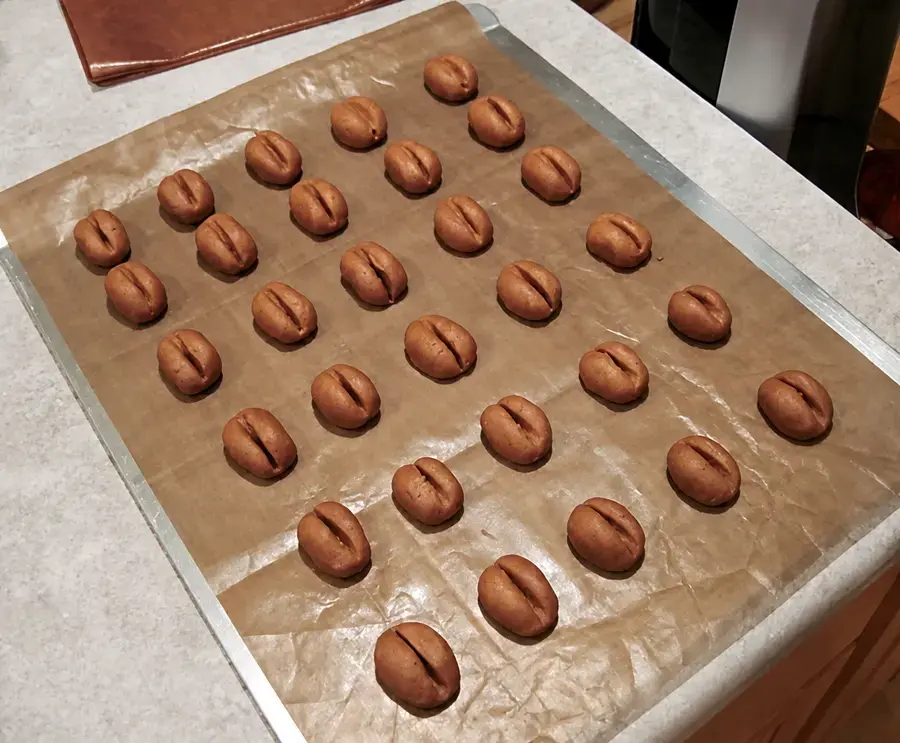 Cocoa and flour incorporated into coffee cookie dough