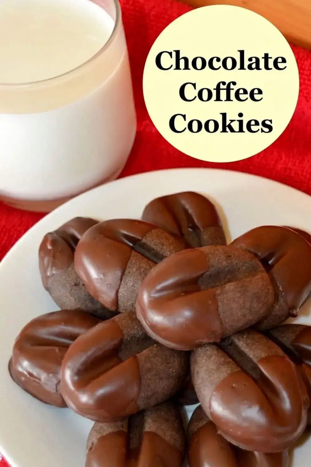 Chocolate coffee cookies partially dipped in melted chocolate