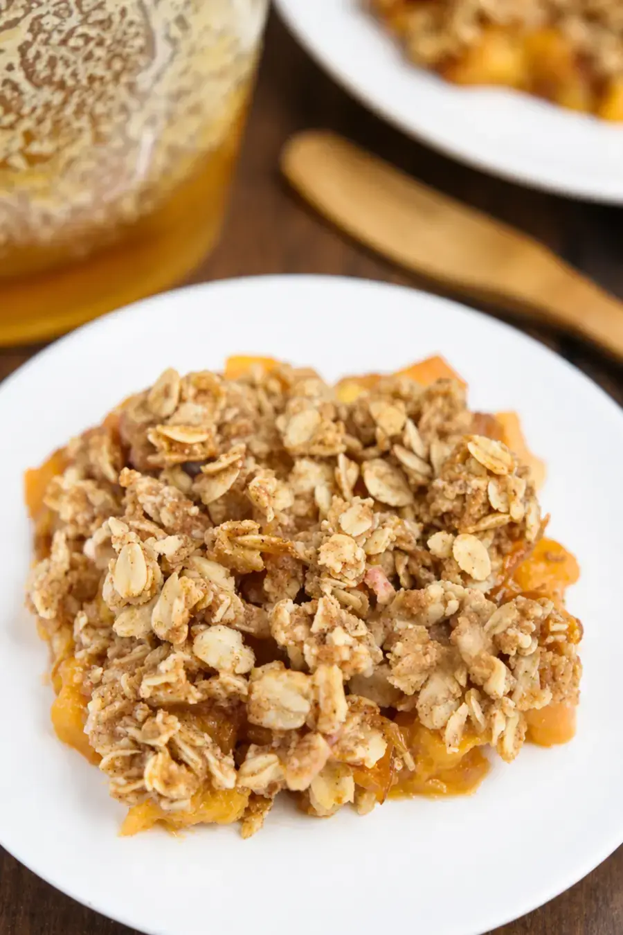 Clean Peach Crumble With Juicy Fruit and Oat Topping 11 Eight-inch square pan prepared for peach crumble