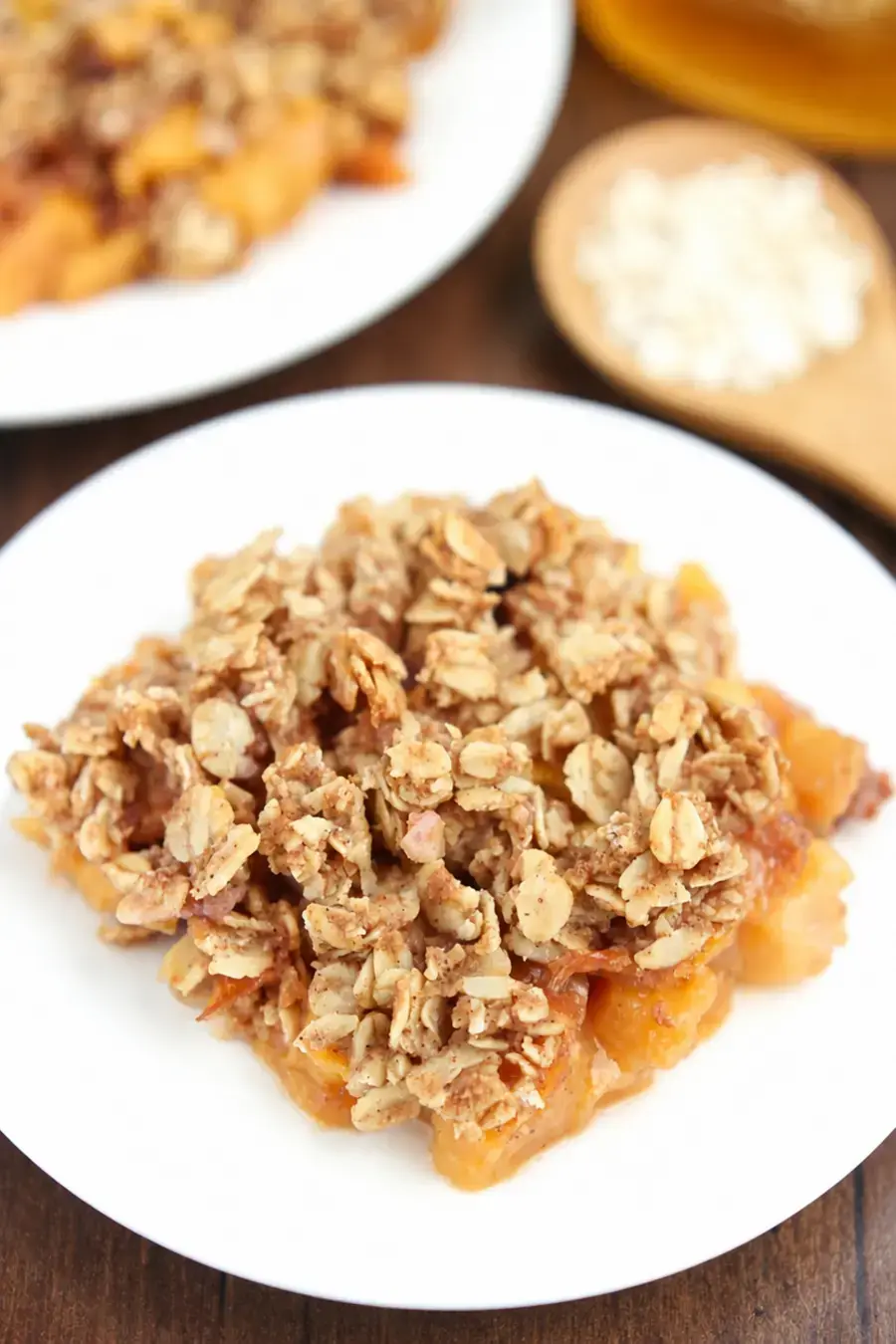 Clean Peach Crumble With Juicy Fruit and Oat Topping 13 Peach filling mixed with cornstarch almond extract and cinnamon