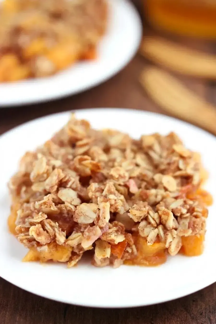 Clean Peach Crumble With Juicy Fruit and Oat Topping 14 Oats flour and cinnamon combined for crumble topping
