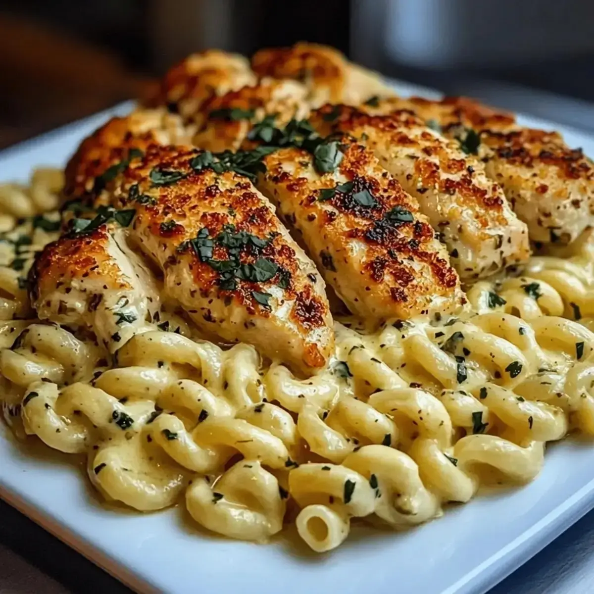 Creamy Garlic Parmesan Chicken with Cheesy Twisted Pasta 1 Seasoned chicken breasts ready for the skillet