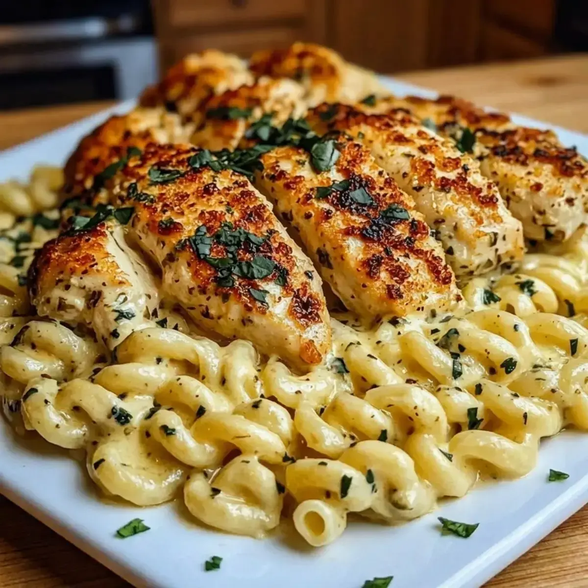 Creamy Garlic Parmesan Chicken with Cheesy Twisted Pasta 1 Seasoned chicken breasts ready for the skillet