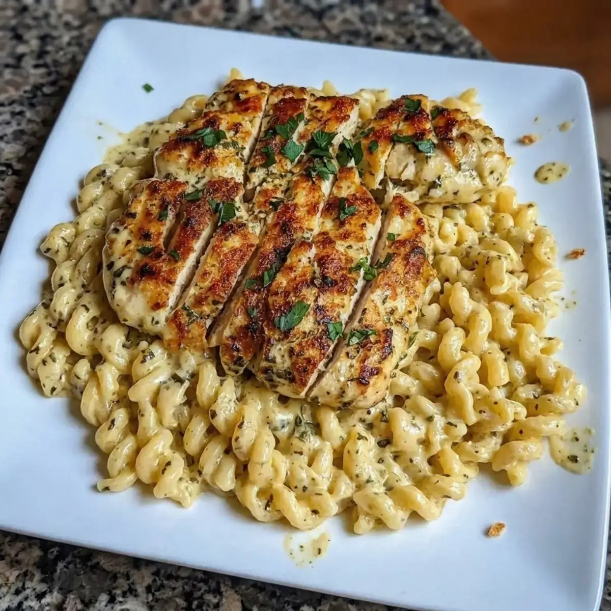 Creamy Garlic Parmesan Chicken with Cheesy Twisted Pasta 2 Chicken breasts searing in butter and olive oil